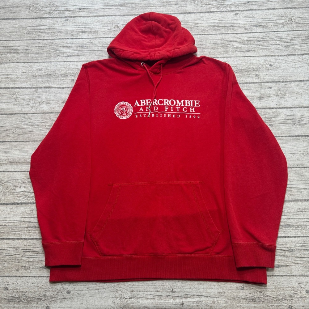 Y2K Abercrombie & Fitch Hoodie Men's XL Red Soft Fleece Lined Pullover Varsity